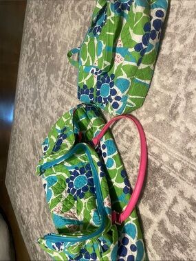 Floral Quilted Tote and Purse in Green & Blue with Pink Handle